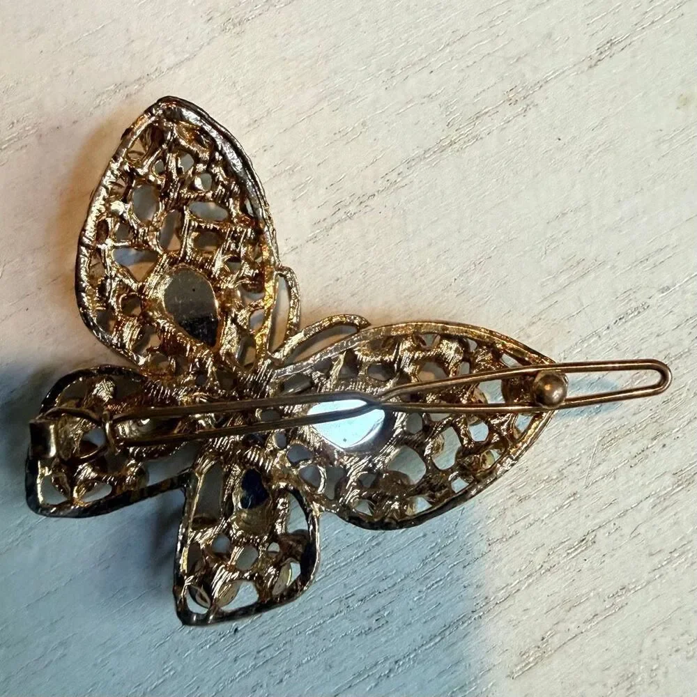 Vintage Gold Tone Rhinestone Butterfly Hair Barrette